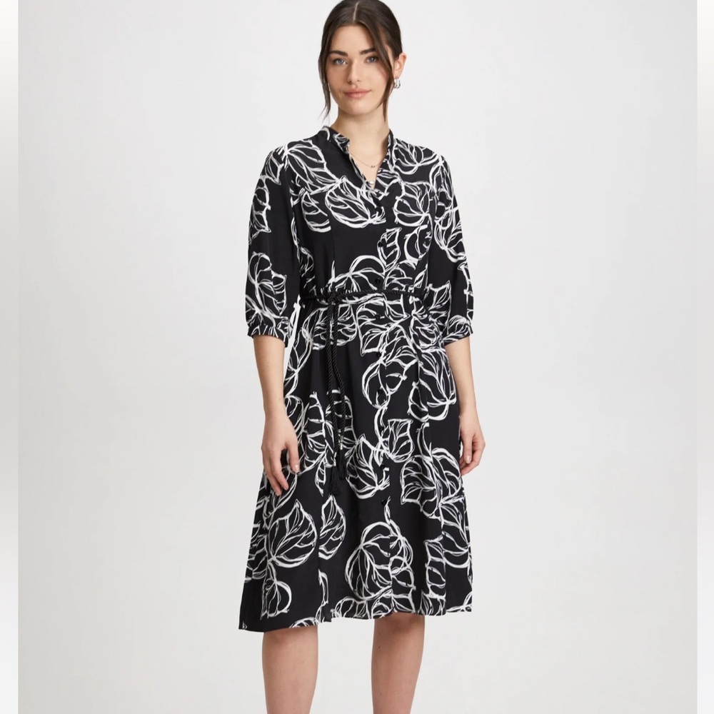 Laura Palm Sketch Print Belted Shirt Dress Black